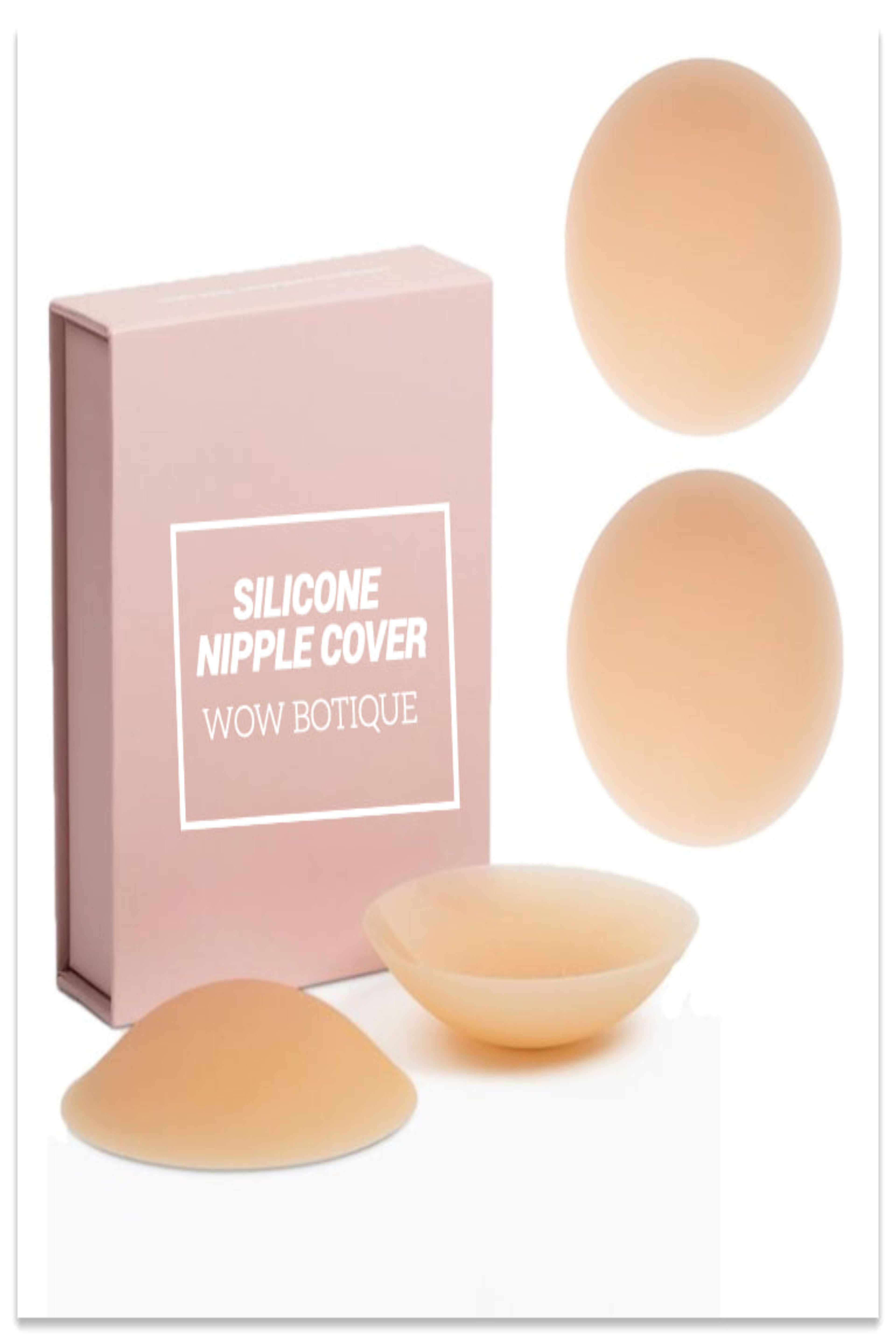 Silicone nipple covers with a pink box labeled 'WOW BOTIQUE' on a white background