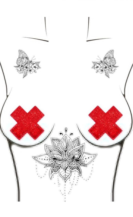 X shape glitter pasties red