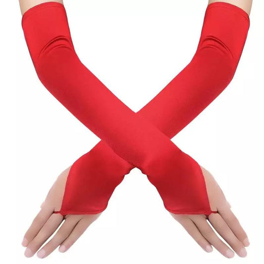 Fingerless Satin Gloves Red Plus Size
