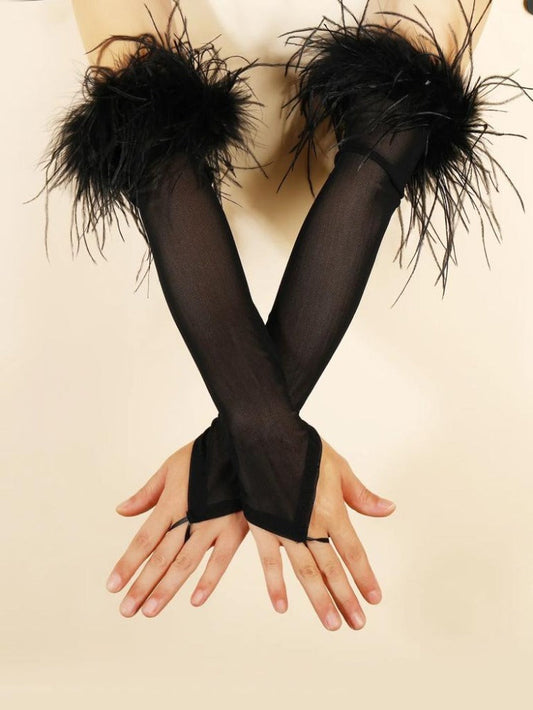 Fingerless With Feather Gloves Plus Size